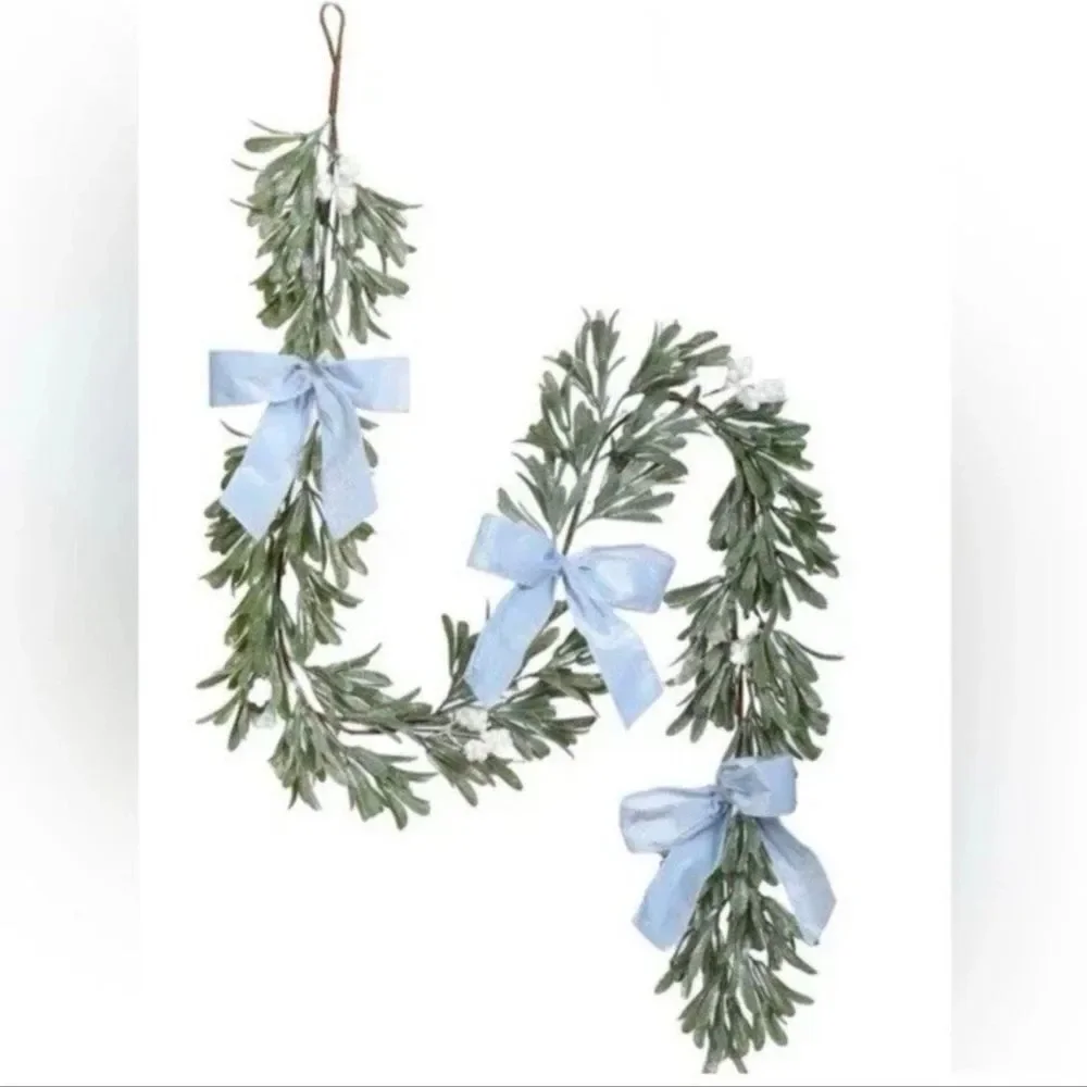 6 Ft Elegant Garland Featuring Blue Bows Greenery White Berries HOLIDAY WEDDING